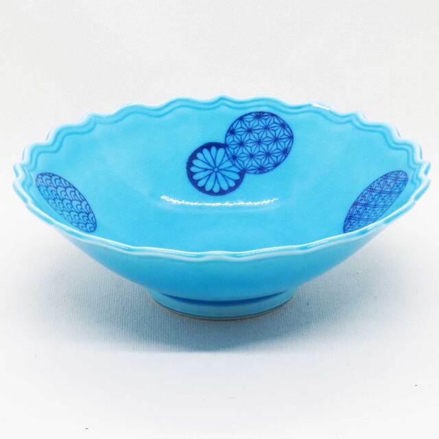 錦丸紋ブルー交趾桔梗渕菓子器