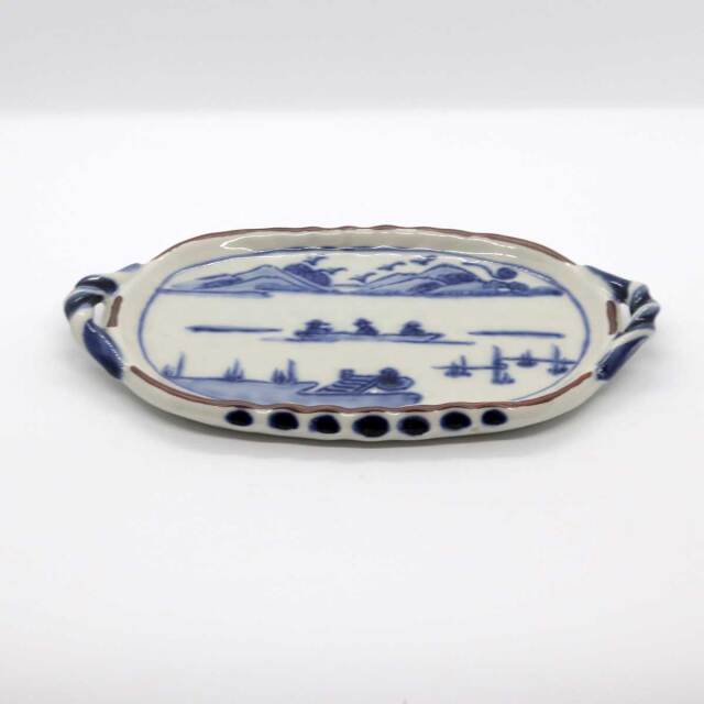 有田焼 染付 手付 山水 小判皿