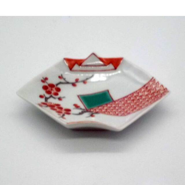 有田焼 赤絵 錦地紋 梅 折紙型 手塩皿