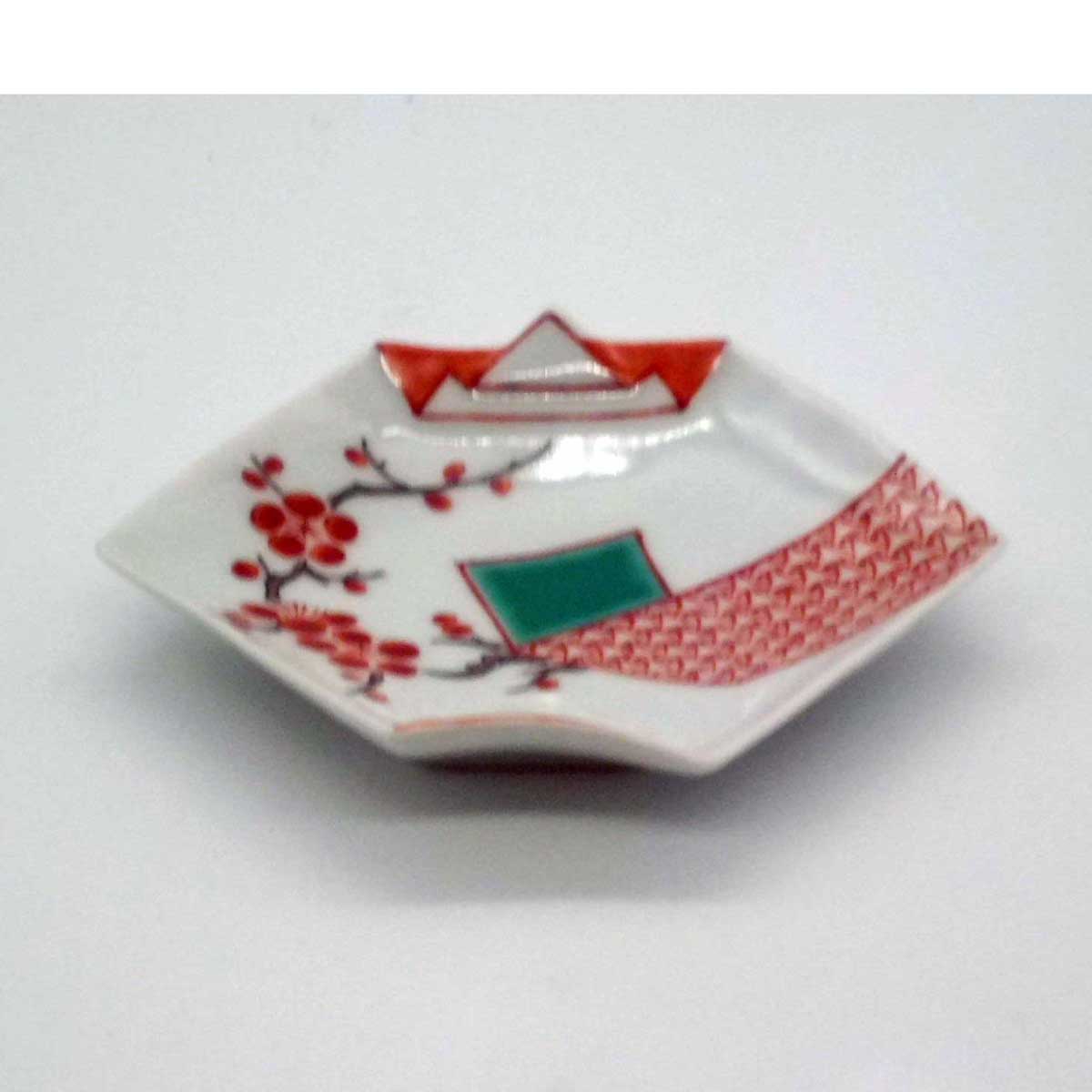 有田焼 赤絵 錦地紋 梅 折紙型 手塩皿
