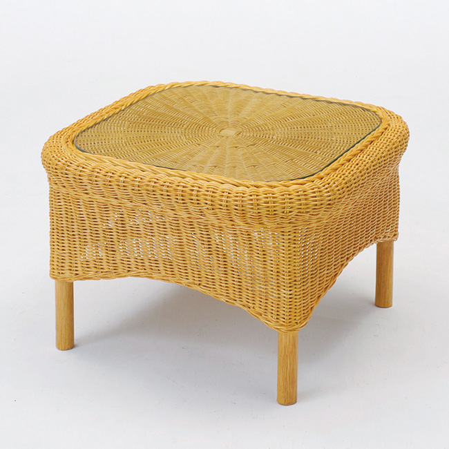 【即納】籐・ラタンのガラストップサイドテーブル 軽量コンパクト / 幅53 × 奥行53 × 高さ35