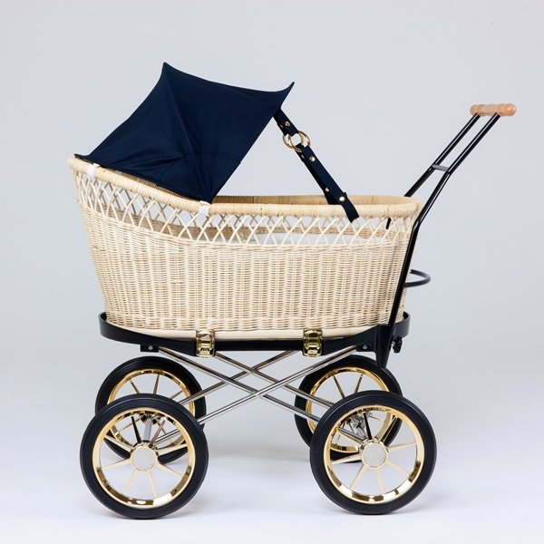 籐・ラタンの乳母車、ベビーカー/ブラック幌　スタンダード本体セット/PP-23