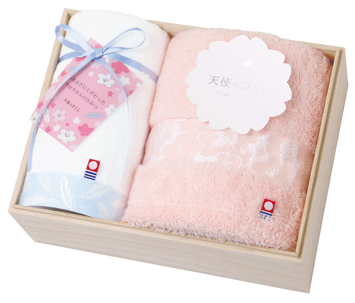 62030　今治　天使のさくら　日本製　愛媛今治　木箱入りタオルセット　フェイスタオル１Ｐ、ハンドタオル１Ｐ
