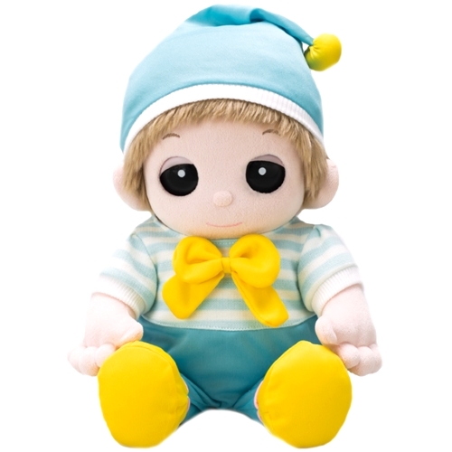 水色ロンパース 帽子付きを夢の子ユメルに着せるとこんなふうに素敵になります。