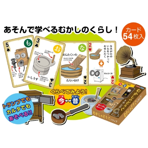 むかしのどうぐトランプは、昔懐かしいどうぐが沢山書いてあるトランプでトランプやカルタ遊びが楽しめるカードです