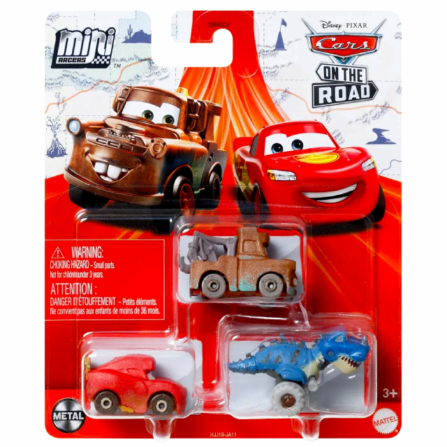 ディズニー ピクサー カーズ・オン・ザ・ロード 2023 マテル ミニレーサーズ ダイキャスト ミニカー 3パック ケイブ ライトニング・マックイーン & ケイブ メーター & ティラナミシアサウルス・レックス