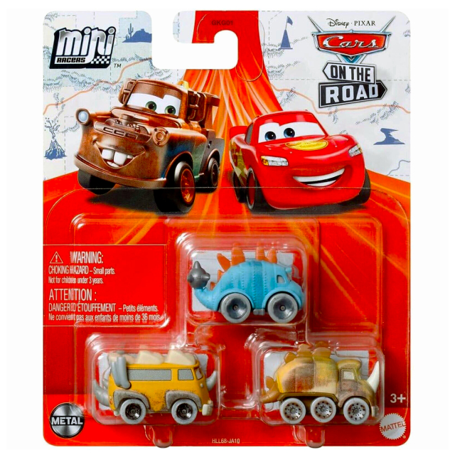 ディズニー ピクサー カーズ・オン・ザ・ロード 2023 マテル ミニレーサーズ ダイキャスト ミニカー 3パック クアドラトルコサウルス & ウェストファラナパス & クランキロサウルス