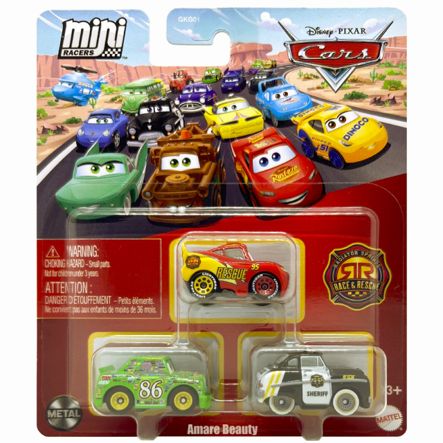ディズニー ピクサー カーズ 2025 マテル ミニレーサーズ ダイキャスト ミニカー “レース&レスキュー” 3パック ライトニング・マックイーン & チック・ヒックス & シェリフ