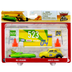 ディズニー ピクサー カーズ・オン・ザ・ロード 2023 マテル 1/55スケール ダイキャスト ミニカー 2パック ナイル・スピードコーン & ギアステン・マーシャル with サインボード