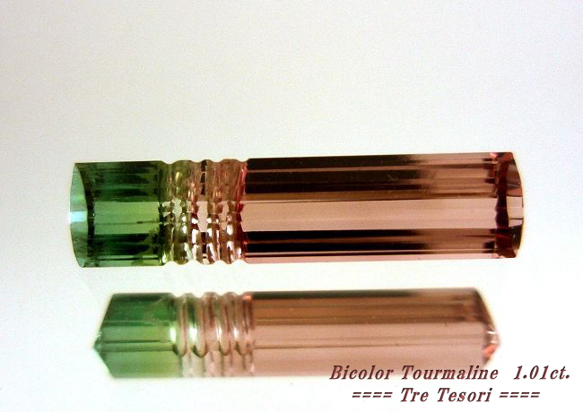 【高品質ルース】　ブラジルモレホドンド鉱山産バイカラートルマリンルース　1.01ｃｔ．　ファンシーシェイプ（スティック）13ｘ3mm
