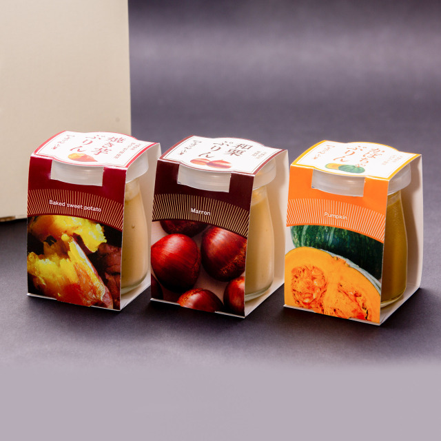 焼き芋ぷりん1個/和栗ぷりん1個/かぼちゃぷりん1個の3個入りセット 茨城県産「焼き芋」「和栗」「かぼちゃ」の3種類の味が楽しめる贅沢なセットです!