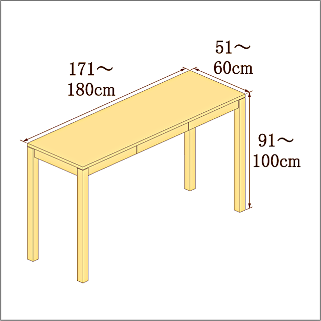 高さ91-100cm／奥行き51-60cm／横幅171-180cmの机/デスク