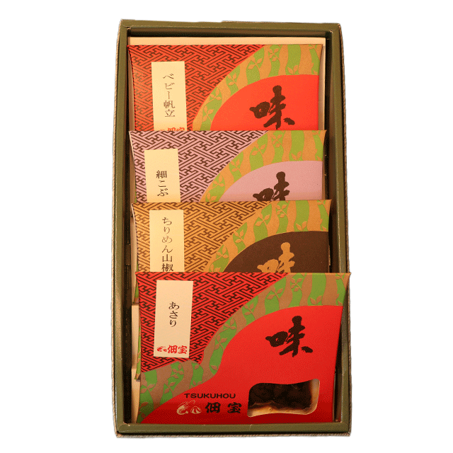 4点入・あさり・細こぶ・ちりめん山椒、ベビー帆立