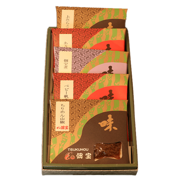5点入・あさり・細こぶ・ちりめん山椒、佃宝煮、ベビー帆立