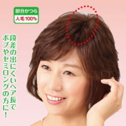 返品可能/人毛100％快適分け目ヘアピースセミロングタイプ/女性かつら/ミセスウィッグ/部分ウィッグ