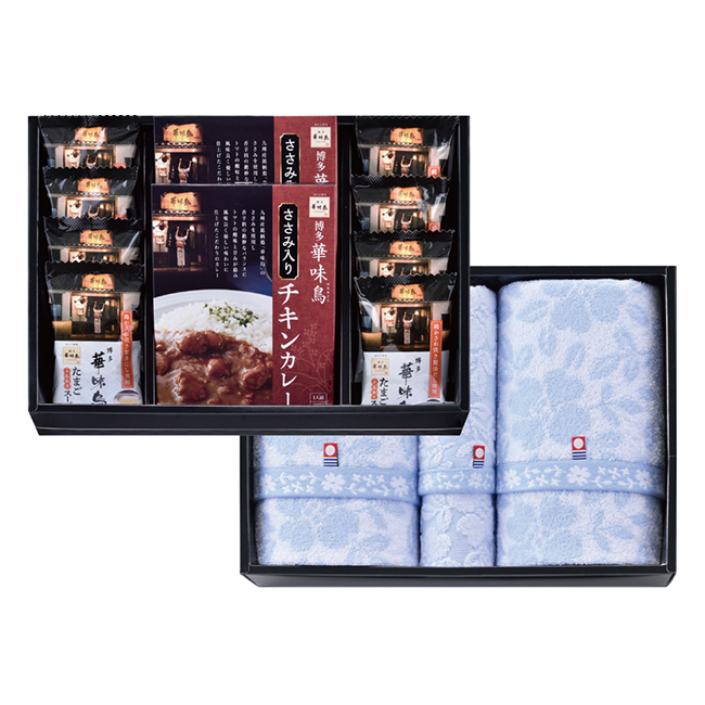 コンビネーションギフト　博多華味鳥　カレー・フリーズドライ＆はなみずき　今治タオルセット　No.100