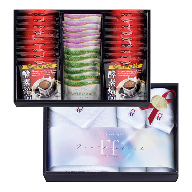 コンビネーションギフト　酵素焙煎ドリップコーヒー＆ワッフルクッキー＆今治タオルセット　No.100