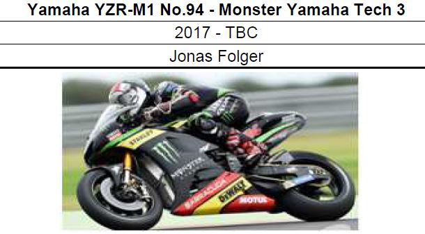 ◎予約品◎　Yamaha YZR-M1 No.94 - Monster Yamaha Tech 3 2017 - TBC　Jonas Folger