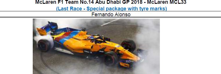 ◆McLaren F1 Team No.14 Abu Dhabi GP 2018  MCL33 (Last Race - Special package with tyre marks)  F.アロンソ