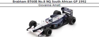 ◆Brabham BT60B No.8 NQ South African GP 1992　Giovanna Amati