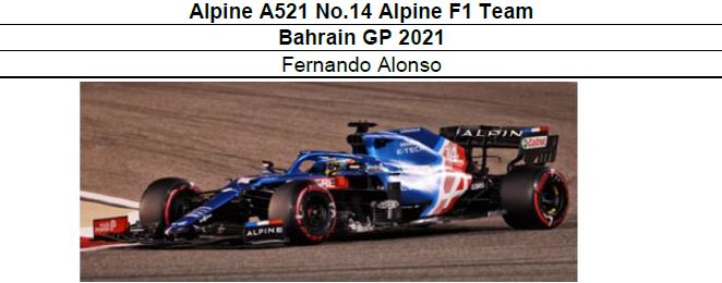 ◆Alpine A521 No.14 Alpine F1 Team　Bahrain GP 2021   F.アロンソ