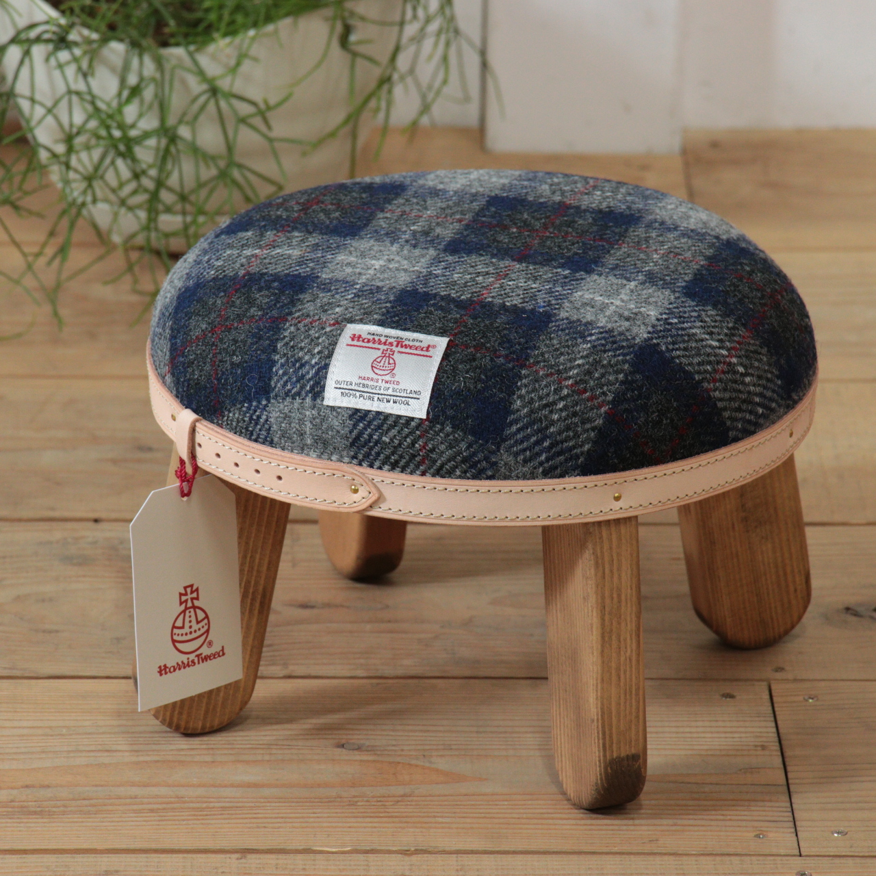 まぁるいキッズスツール【ネイビー&グレーチェック×ブラウン】