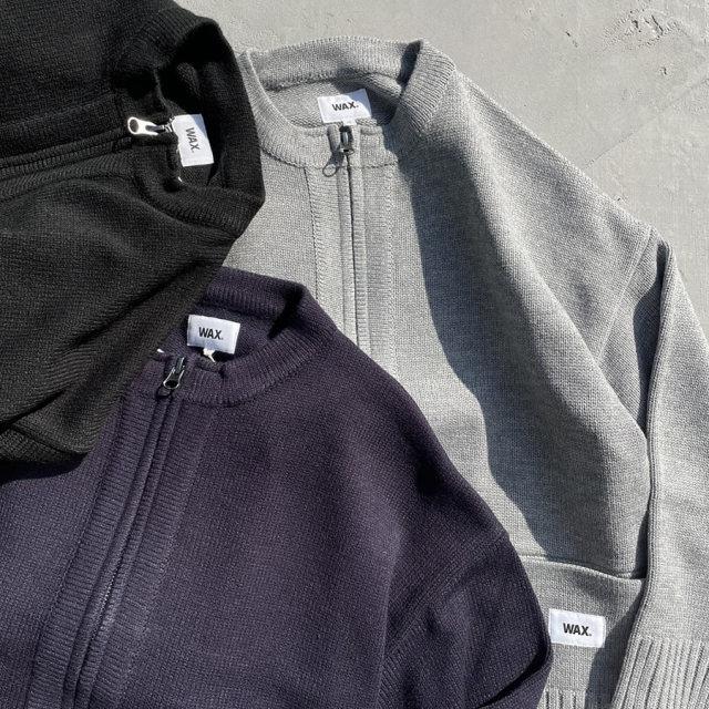 WAX / ジップ カーディガン / ZIP UP CREW NECK CARDIGAN - BLACK / WX 