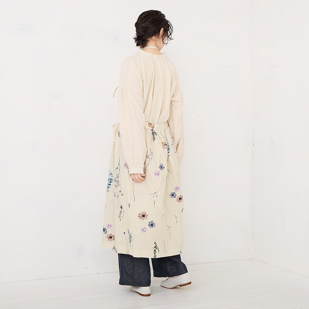 ★五日間限定！6.7万R&B.M. CO. フラワープリント リネンワンピース RINコラボ】リネン染色ドライフラワープリントエプロンワンピース