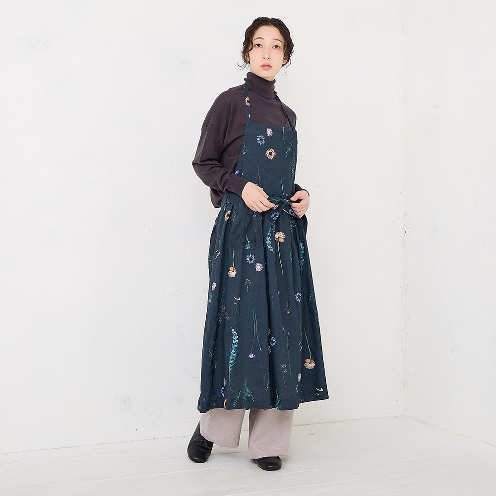 ★五日間限定！6.7万R&B.M. CO. フラワープリント リネンワンピース RINコラボ】リネン染色ドライフラワープリントエプロンワンピース