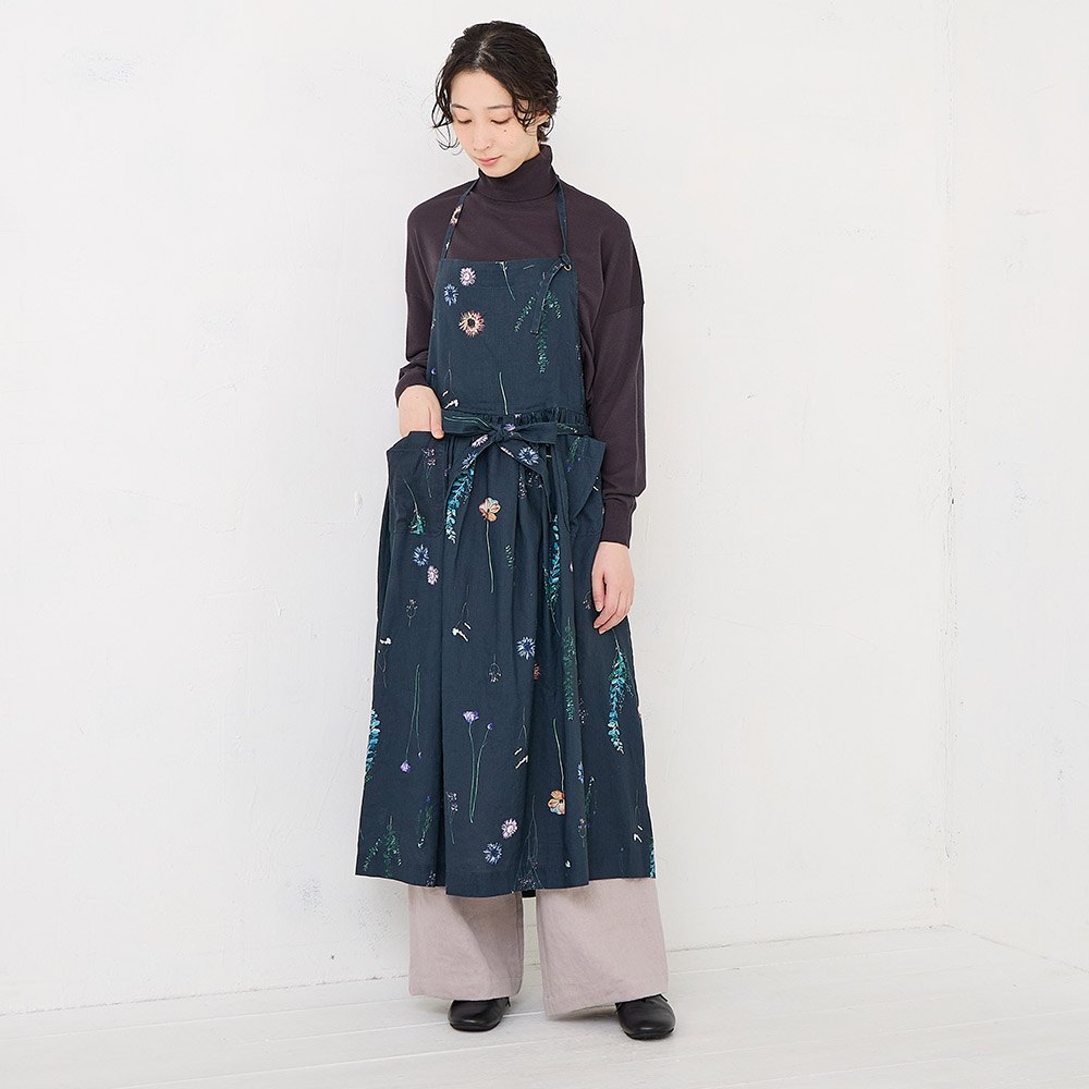RINコラボ】リネン染色ドライフラワープリントエプロンワンピース