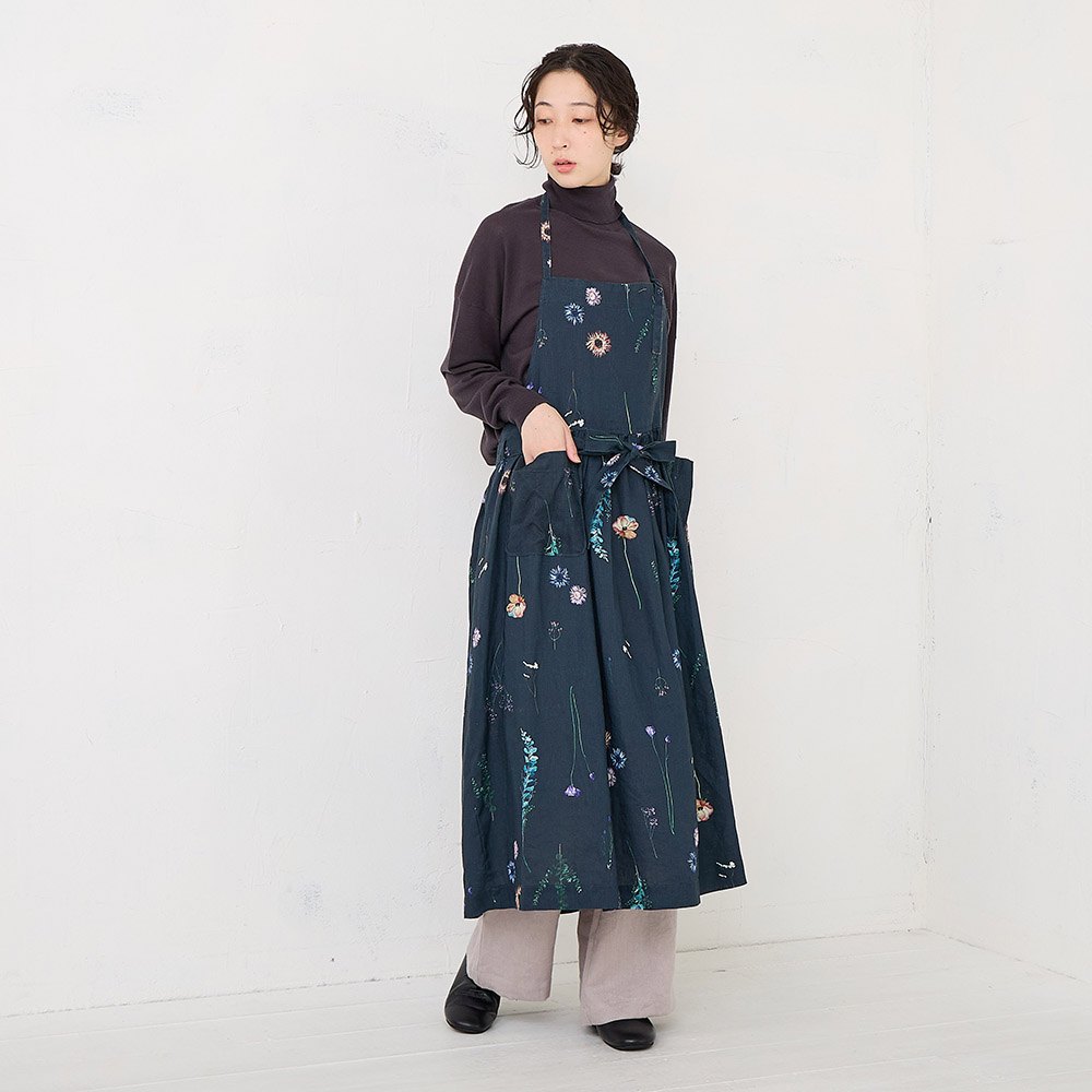 RINコラボ】リネン染色ドライフラワープリントエプロンワンピース