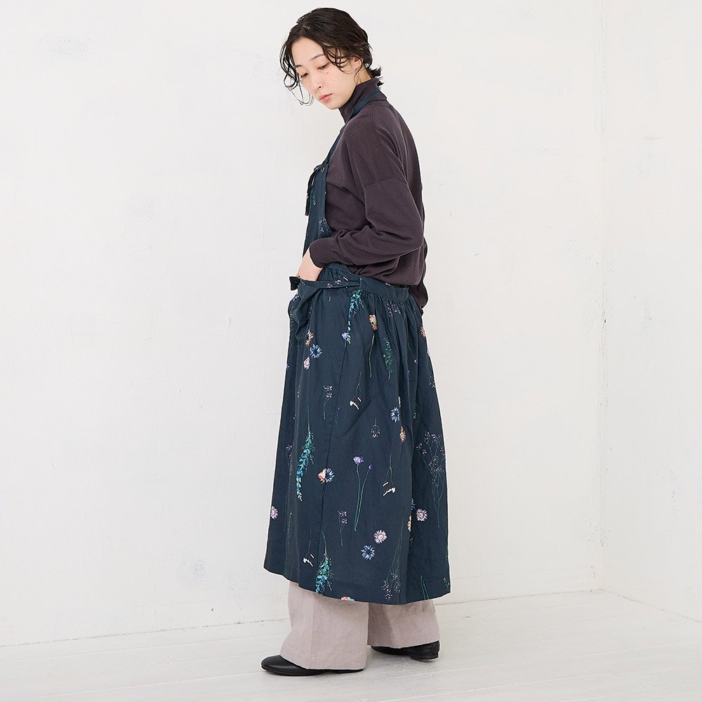 RINコラボ】リネン染色ドライフラワープリントエプロンワンピース