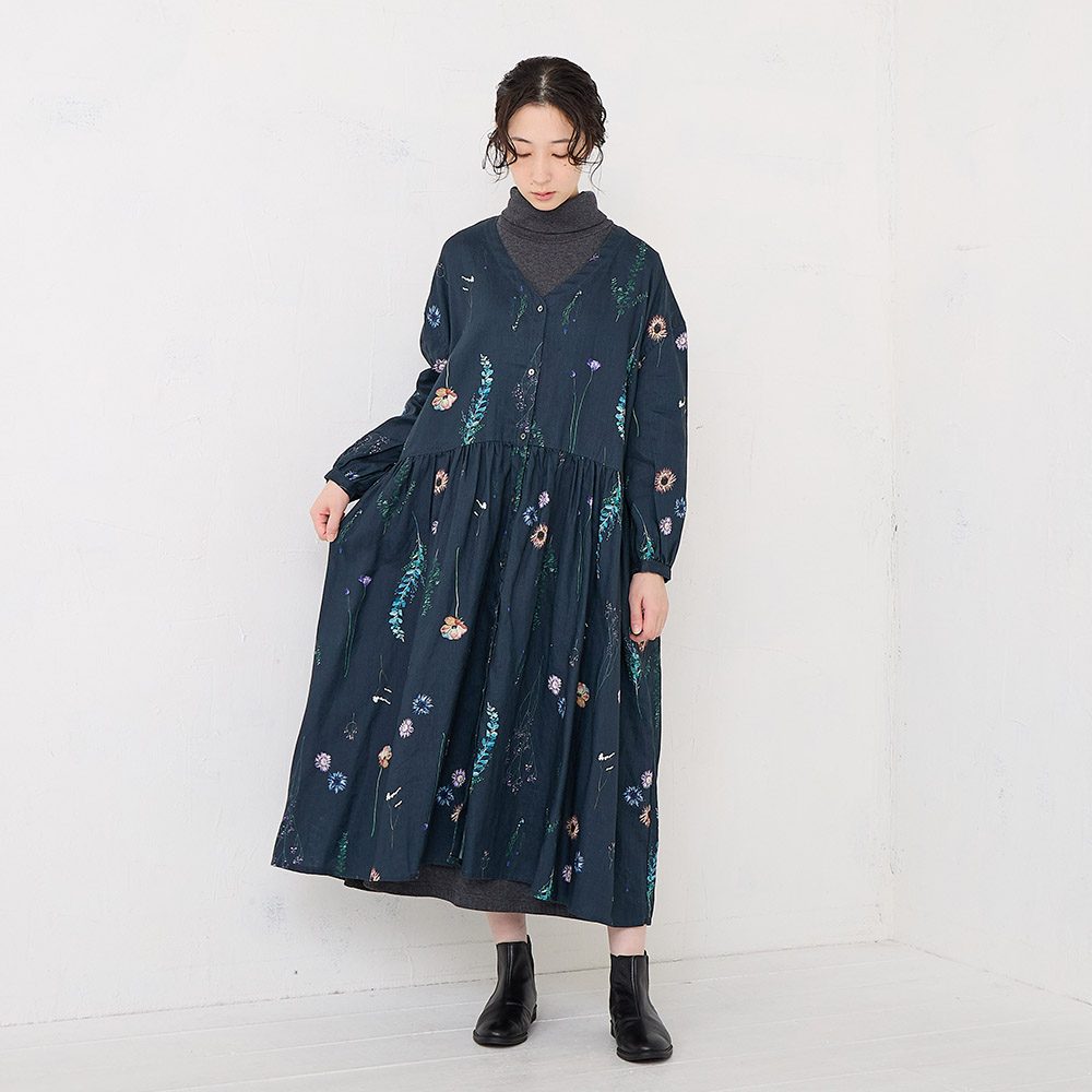 【kokoron】Flower Garden Teatime ワンピース RINコラボ】リネン染色ドライフラワープリントワンピース