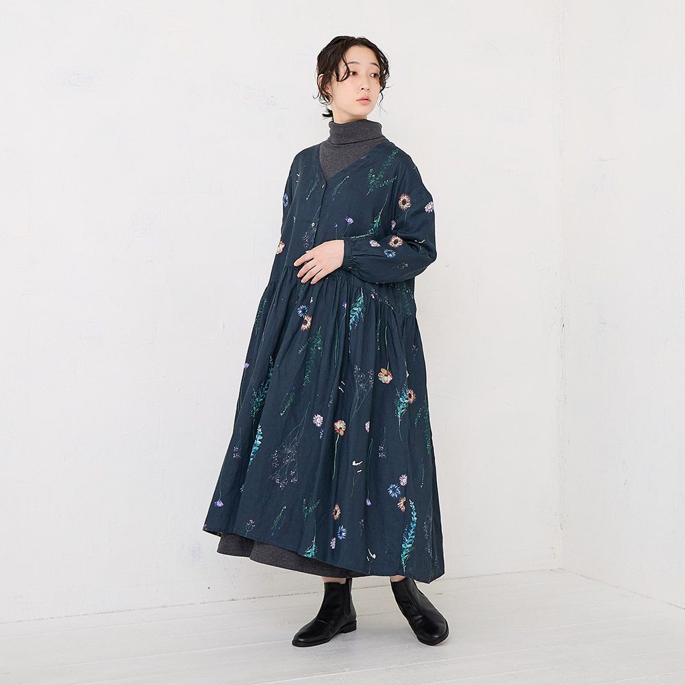 RINコラボ】リネン染色ドライフラワープリントワンピース