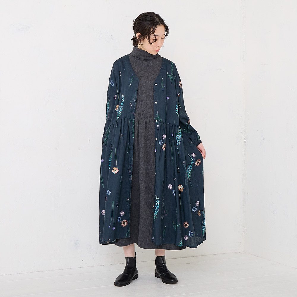 人気作家リネンワンピース RINコラボ】リネン染色ドライフラワープリントワンピース