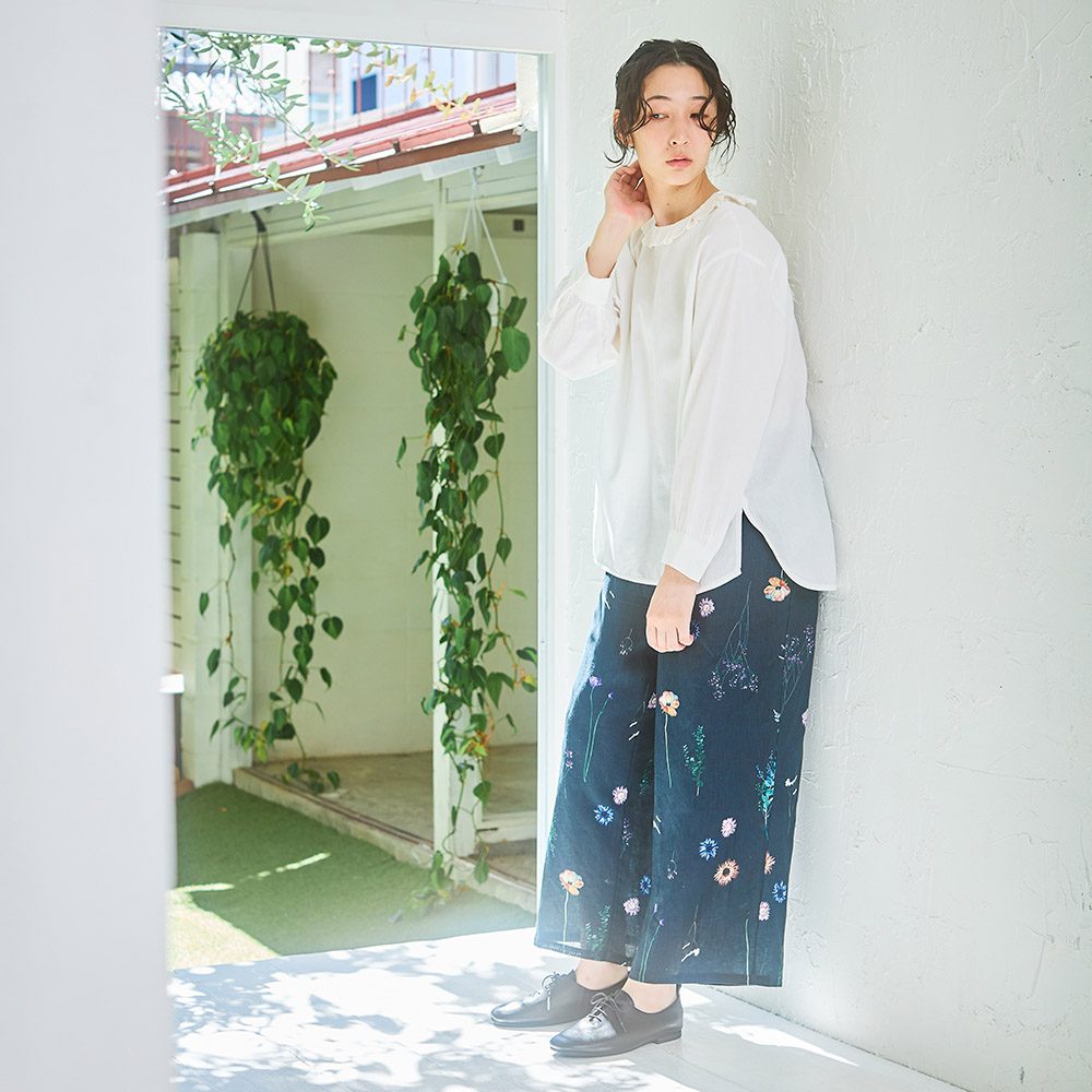 パンツ Rin RINコラボ】リネン染色ドライフラワープリントパンツ