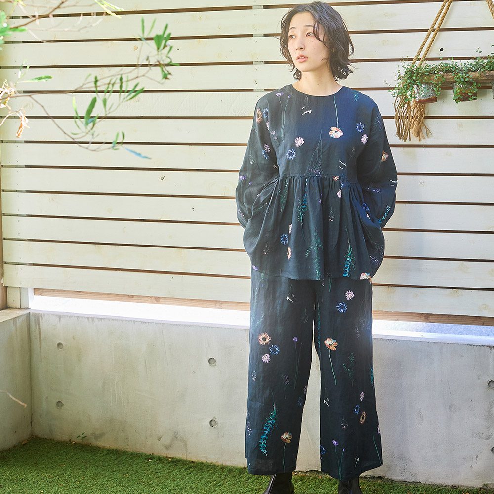 RINコラボ】リネン染色ドライフラワープリントパンツ