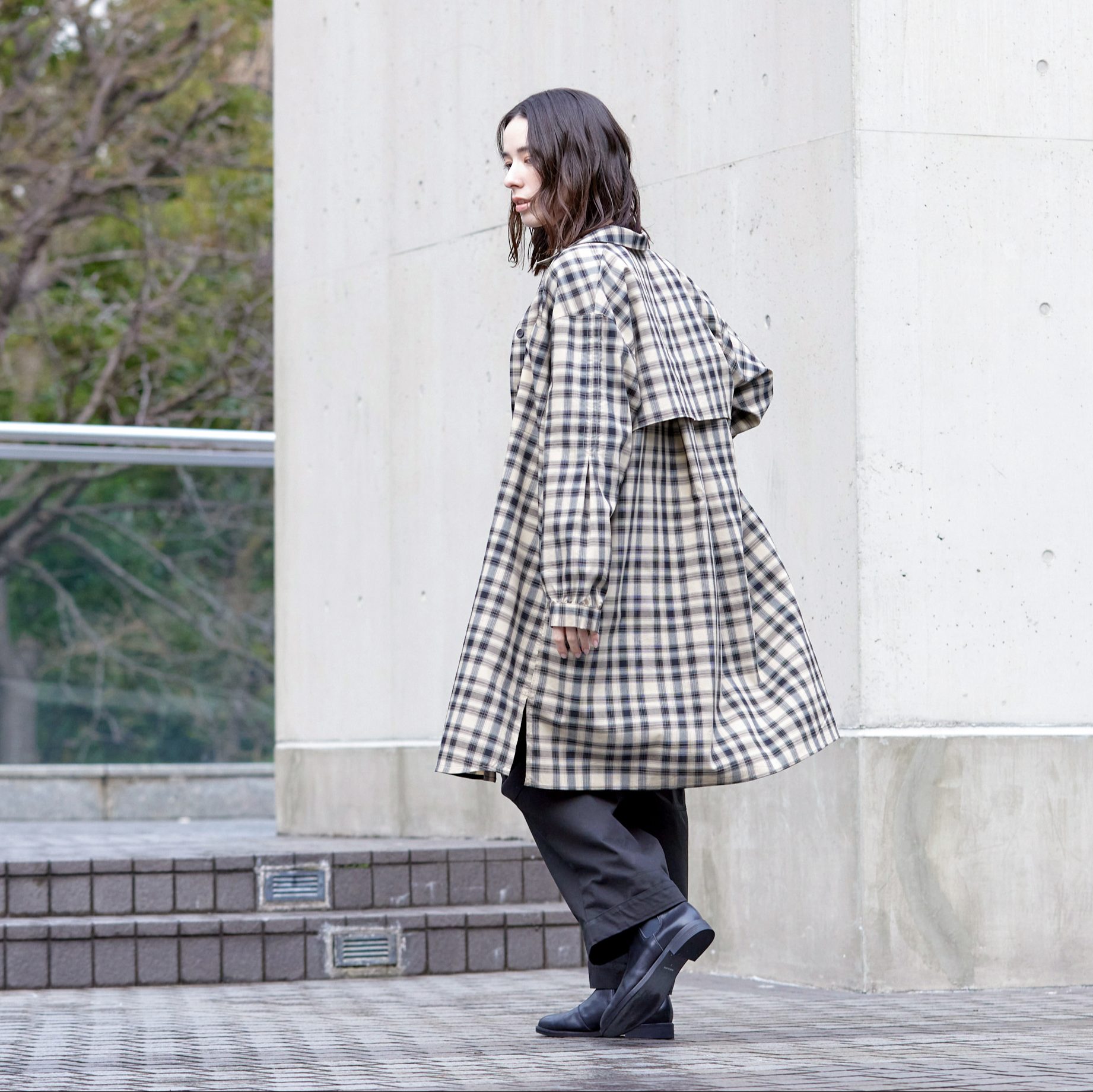 リヨセルコットンチェックロングシャツ