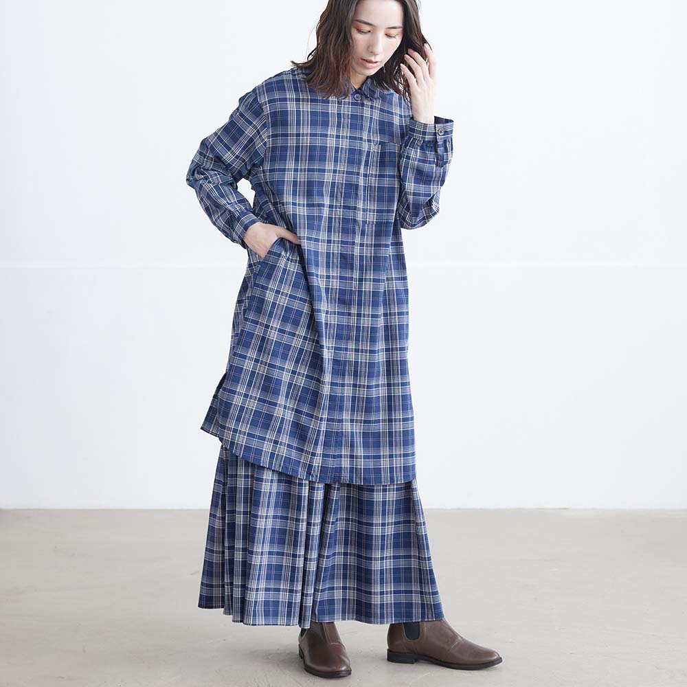 リヨセルコットンチェックロングシャツ