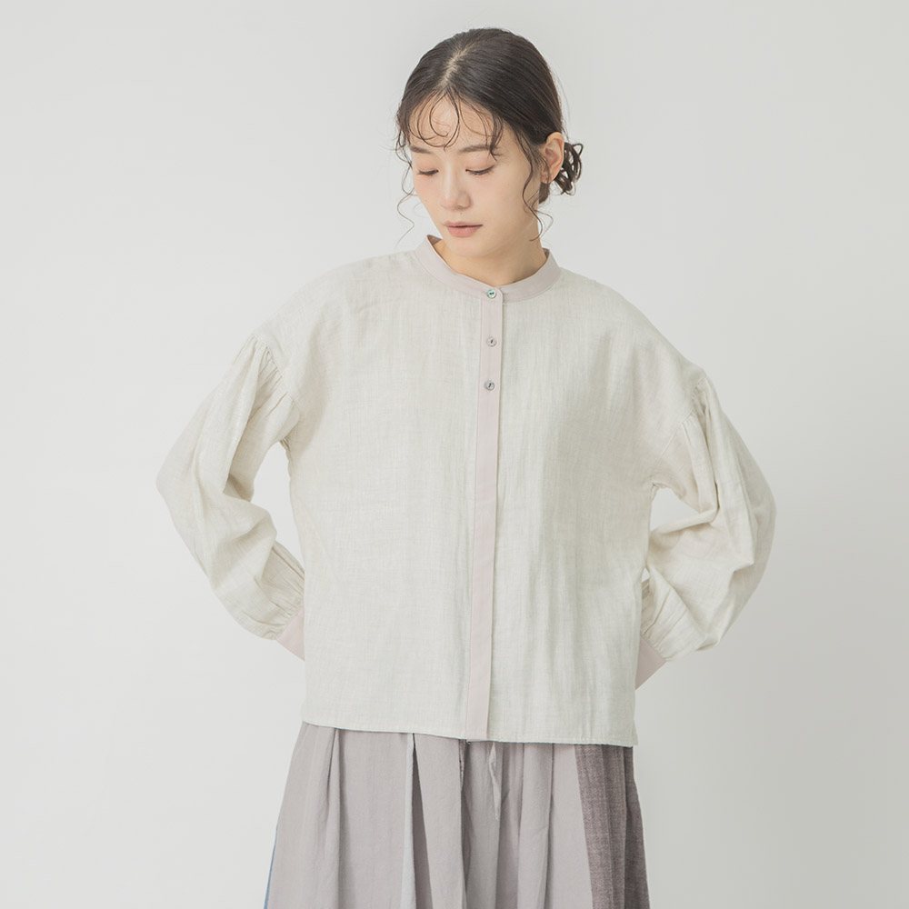 コットンダブルガーゼバンドカラーブラウス