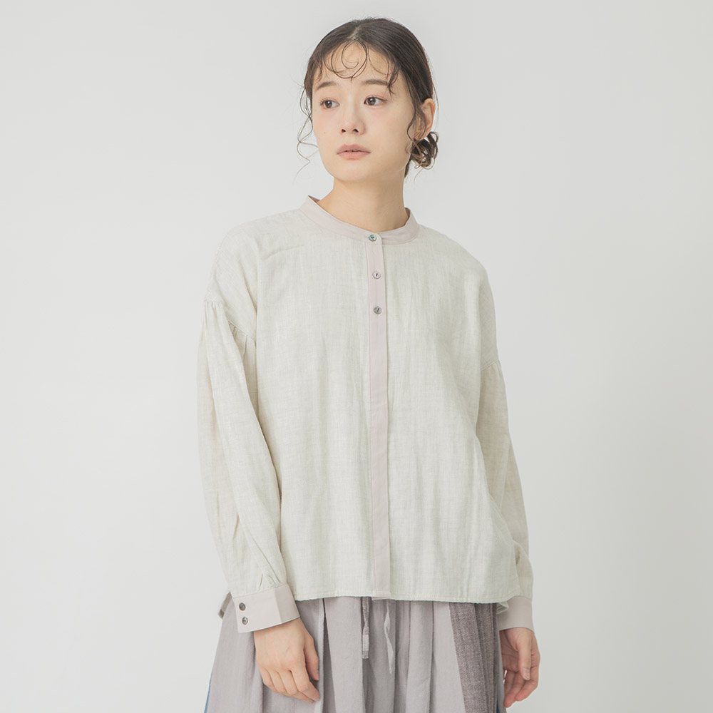 コットンダブルガーゼバンドカラーブラウス