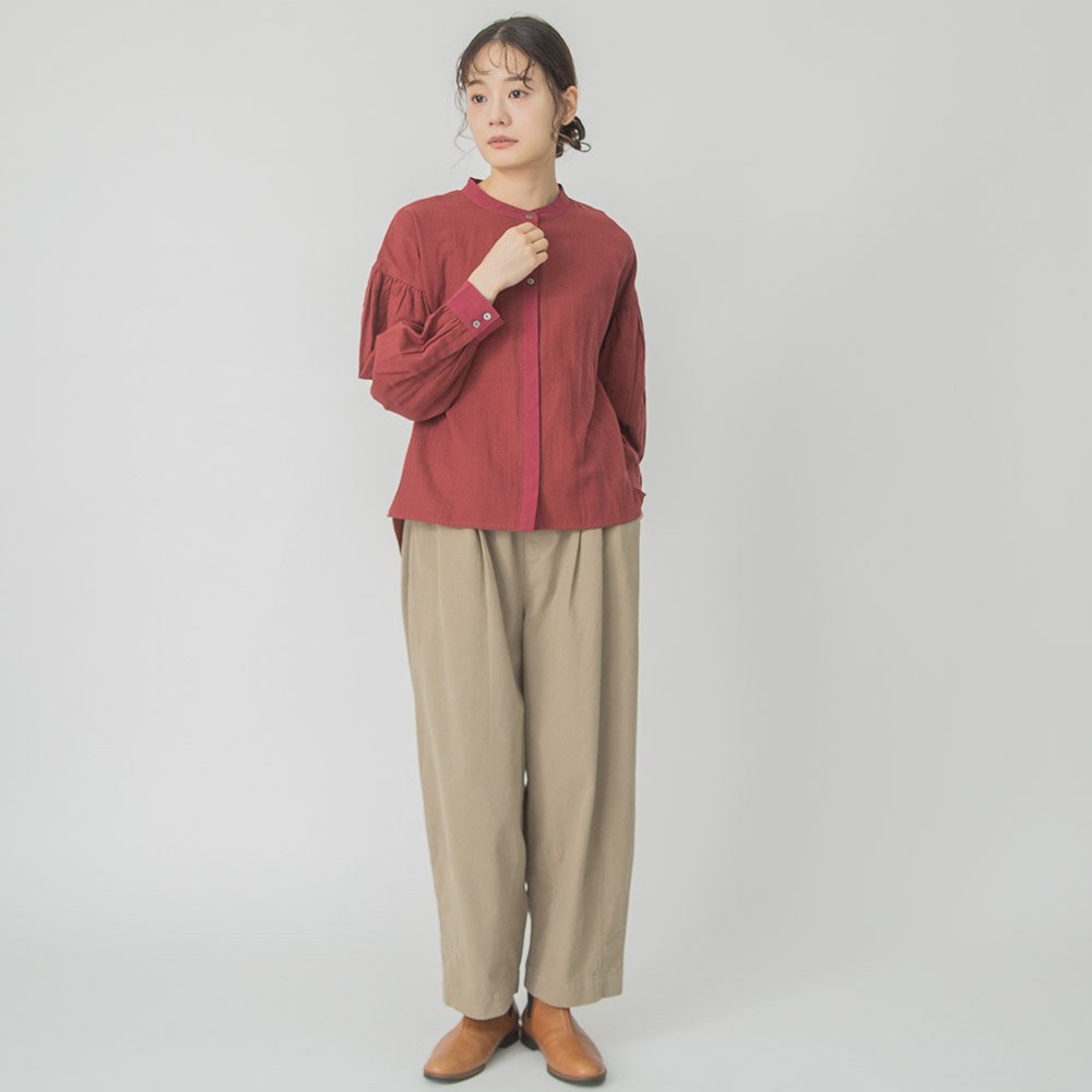 コットンダブルガーゼバンドカラーブラウス