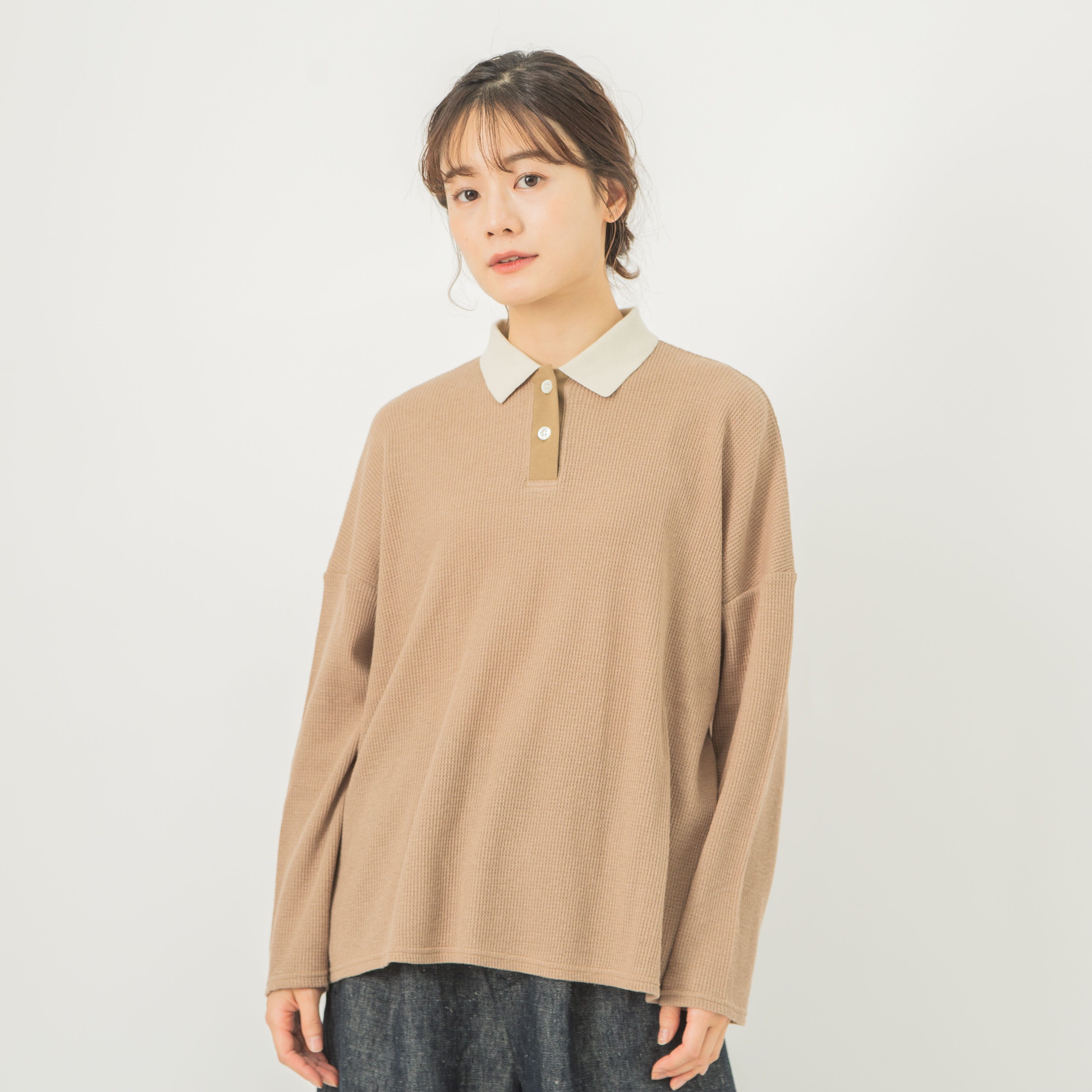 コットンワッフルポロ衿プルオーバー