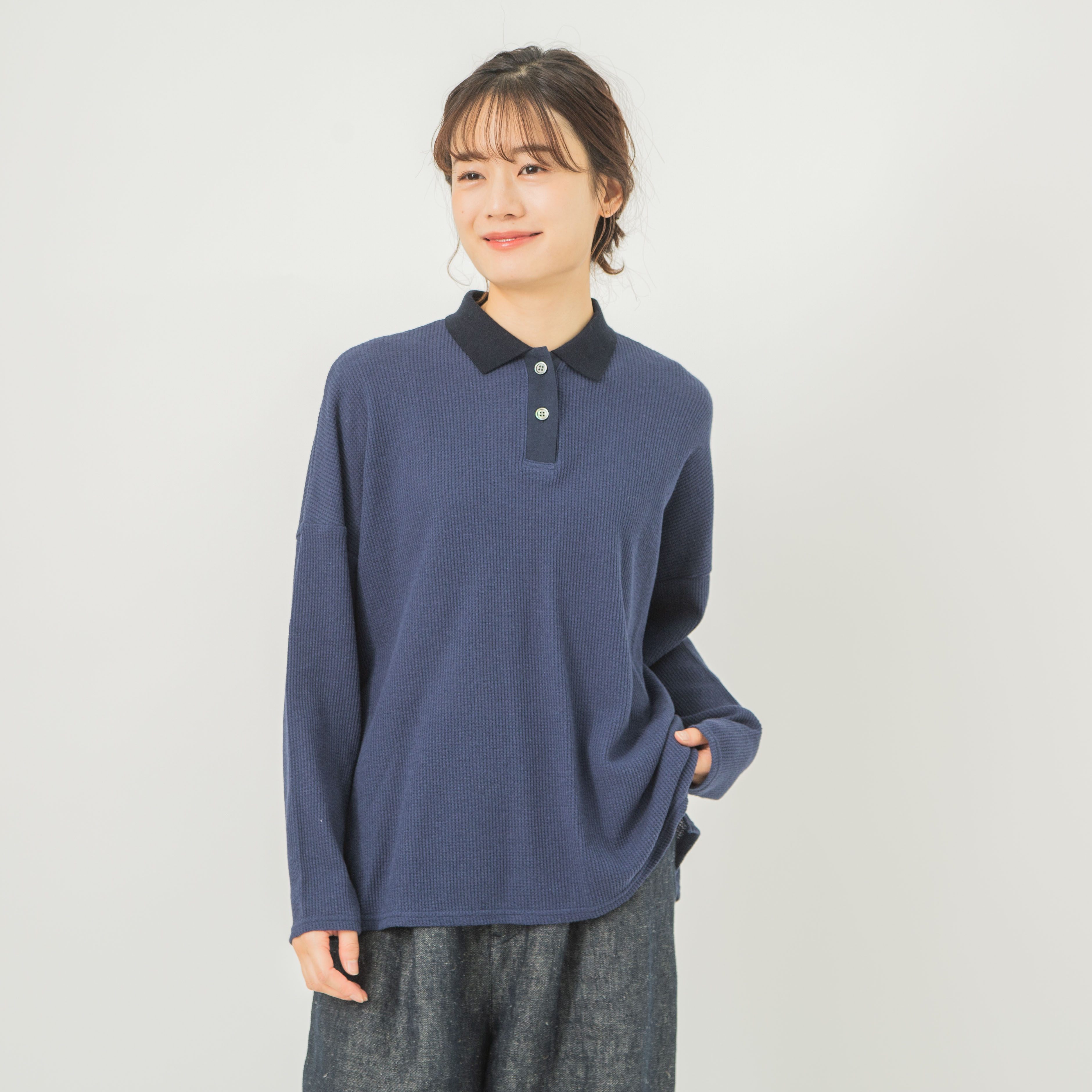 コットンワッフルポロ衿プルオーバー