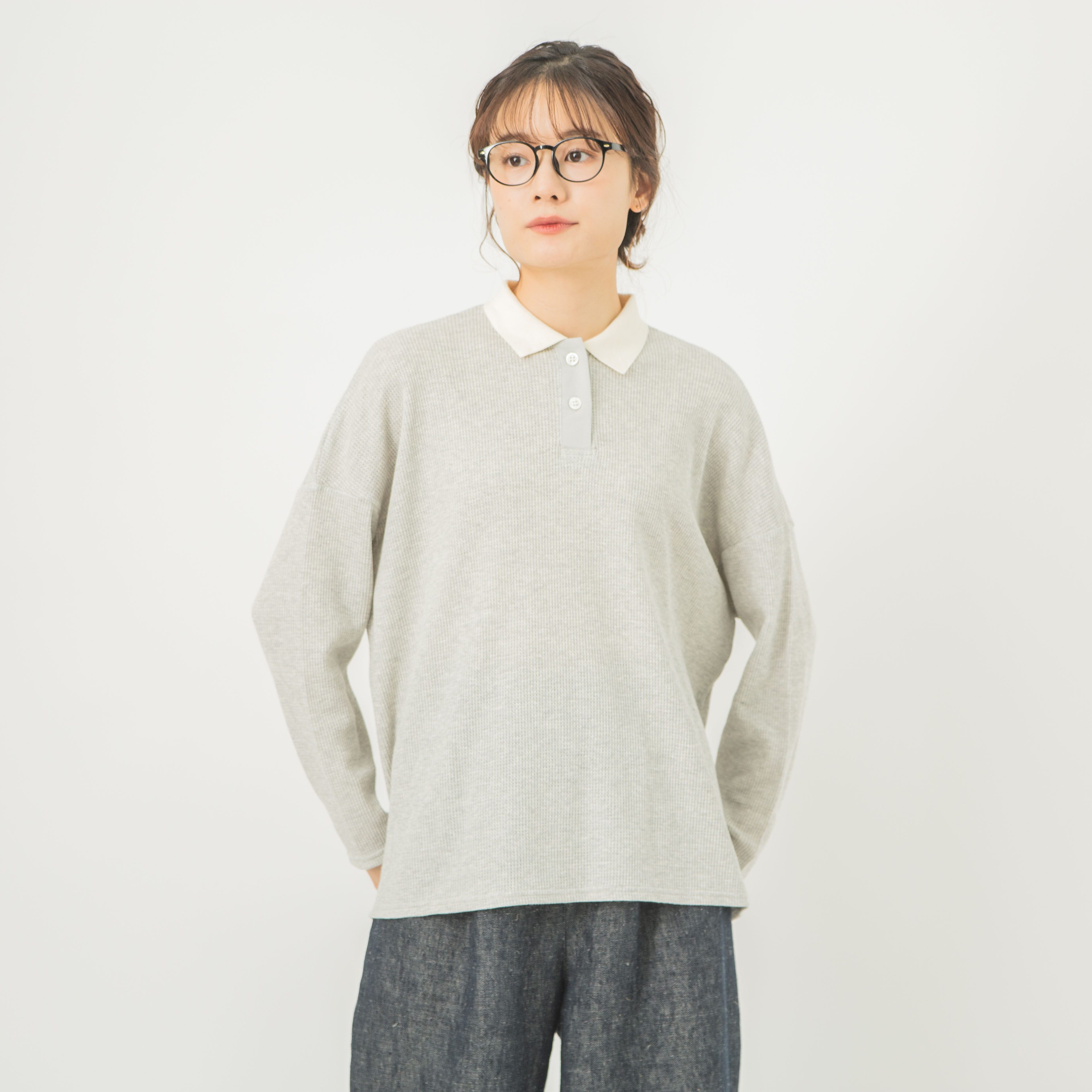 コットンワッフルポロ衿プルオーバー