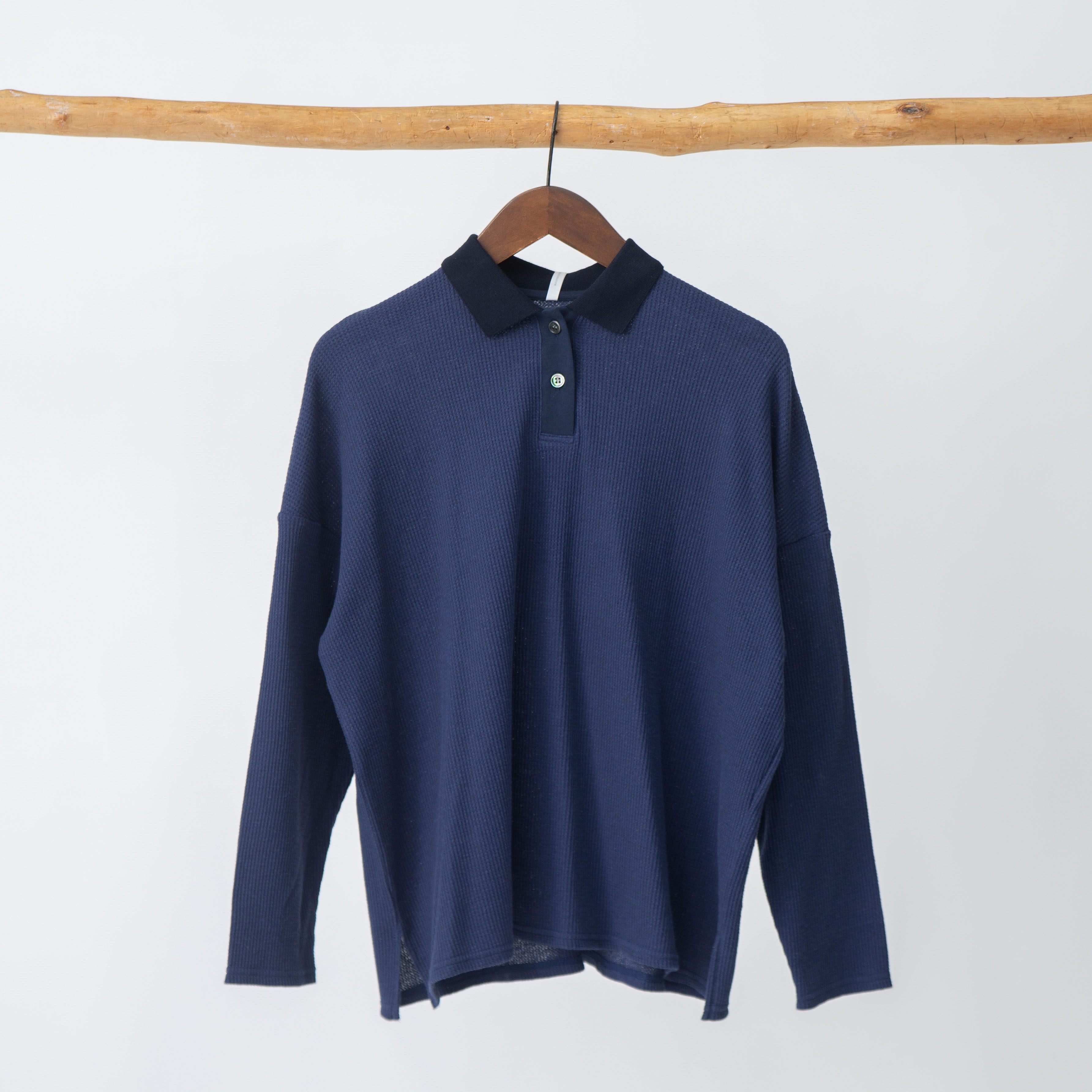 コットンワッフルポロ衿プルオーバー