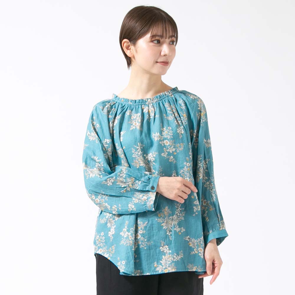 リネンフラワープリントラグランスリーブブラウス