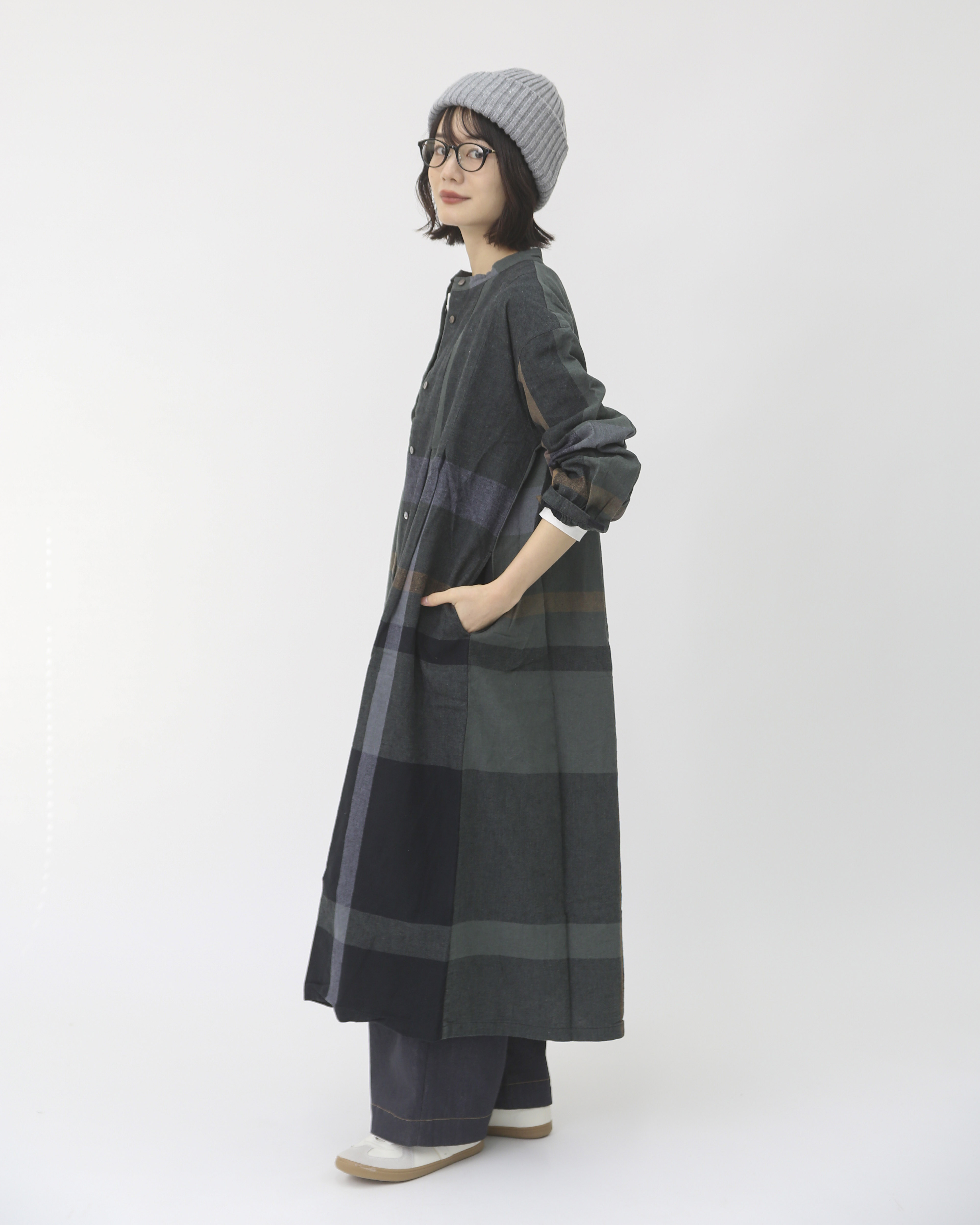 コットンリネンアムンゼンパネルチェックワンピース