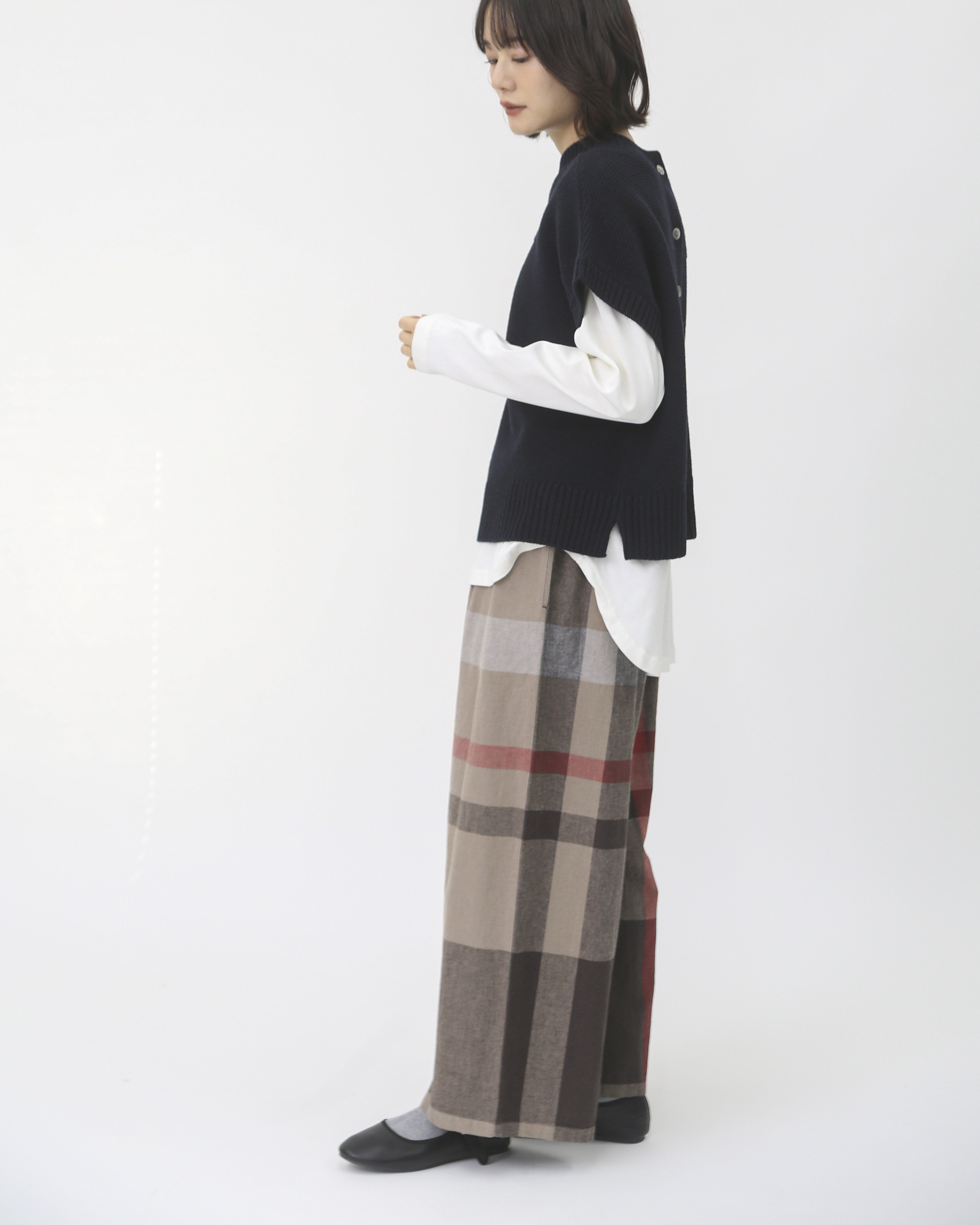 レンです コットンリネンアムンゼンパネルチェックパンツ