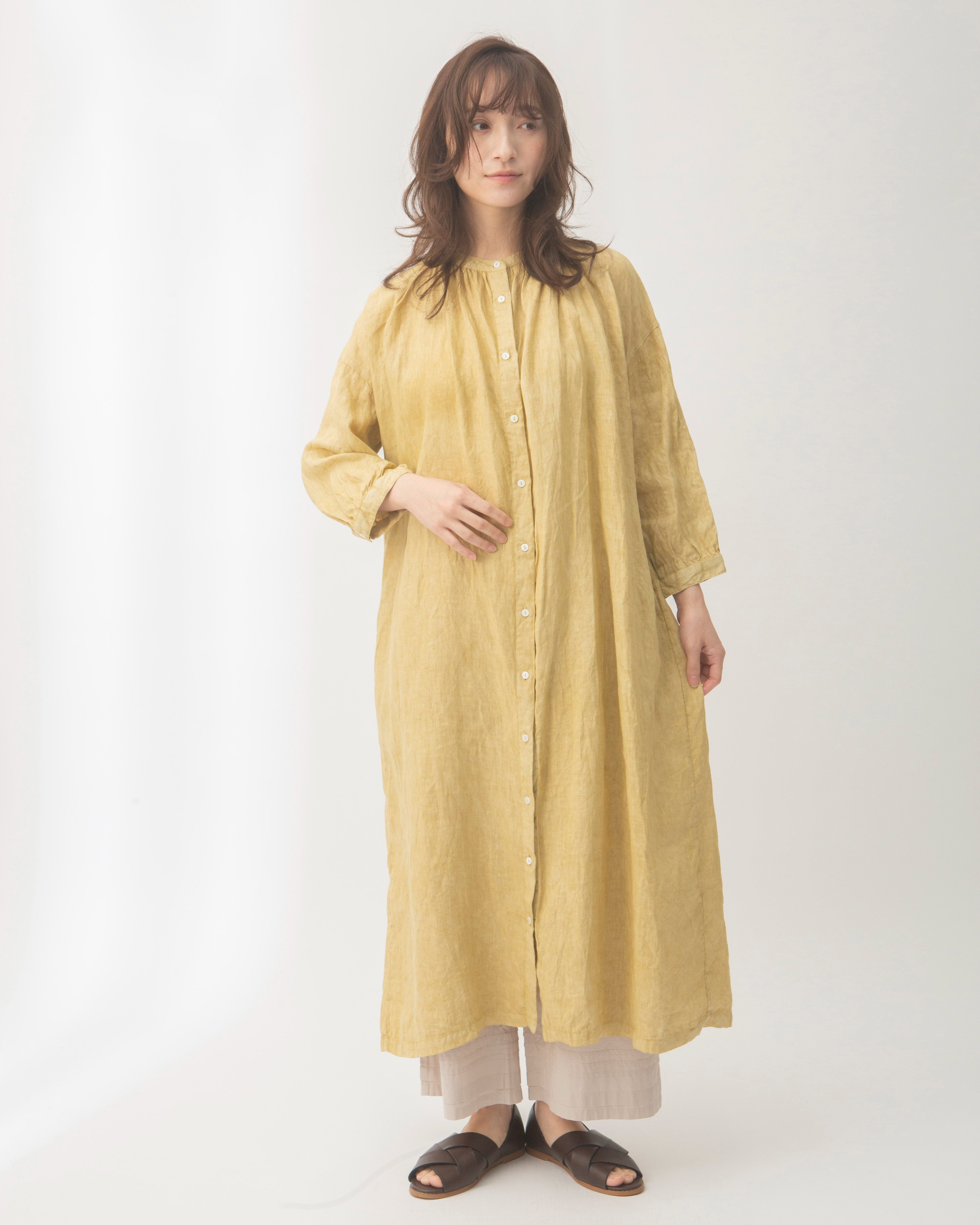 土へ還る-】リネンベンガラ染めギャザーワンピース